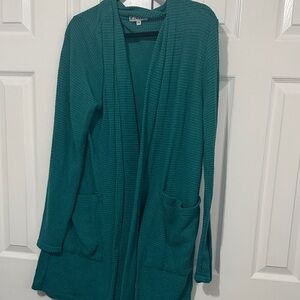 Open Front Waffle Knit Cardigan Sweater in Teal